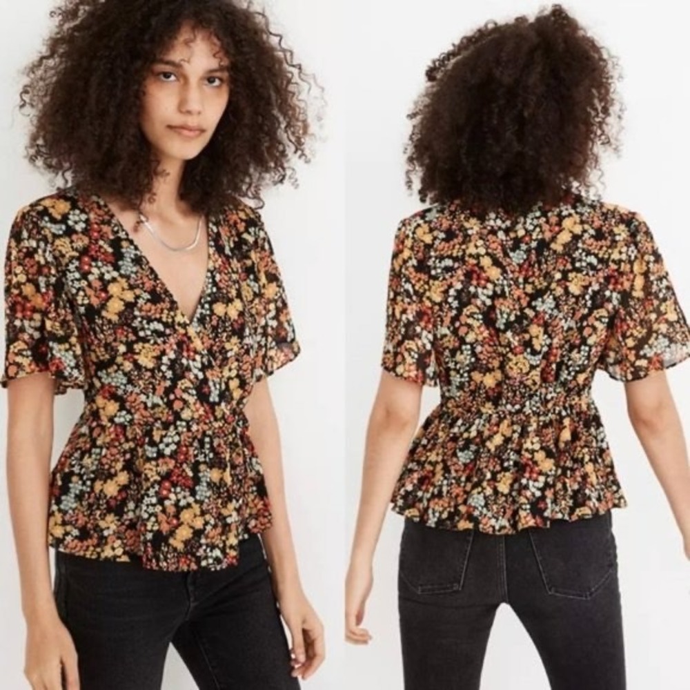 Madewell Womans Short-Sleeve Floral Peplum V Neck Wrap Top Blouse- Size Small
